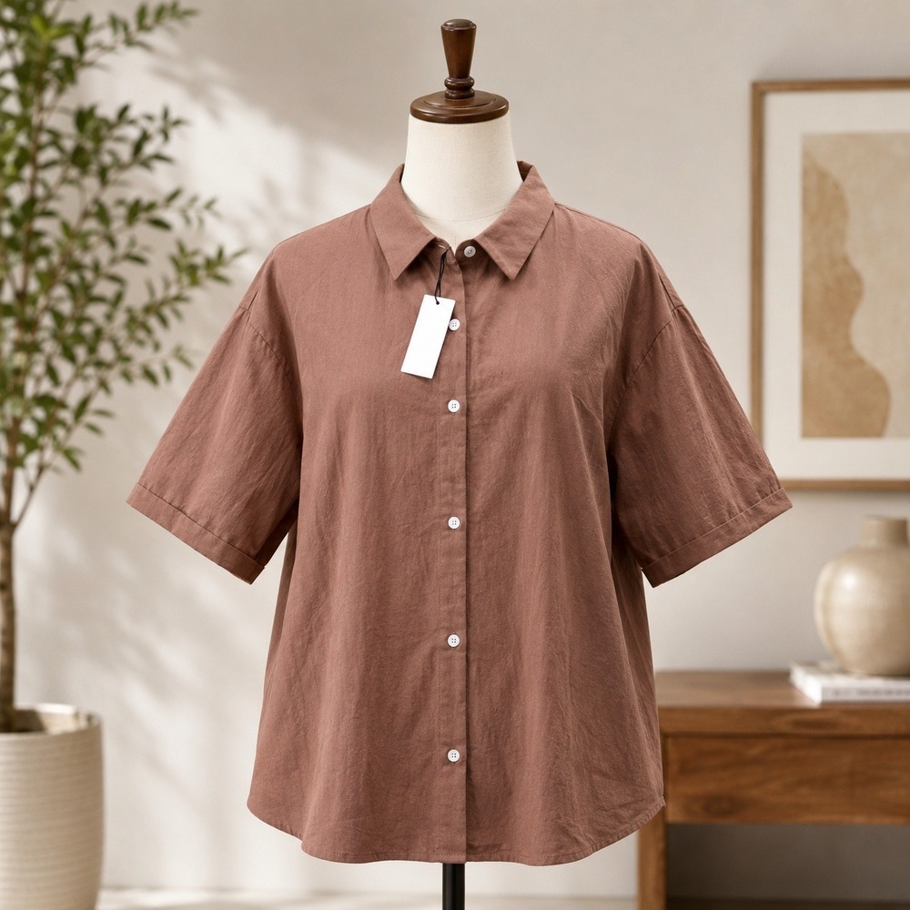 NWT Cupshe Button Down‎ Shirt Womens Medium Brown Textured Short Sleeve Relaxed